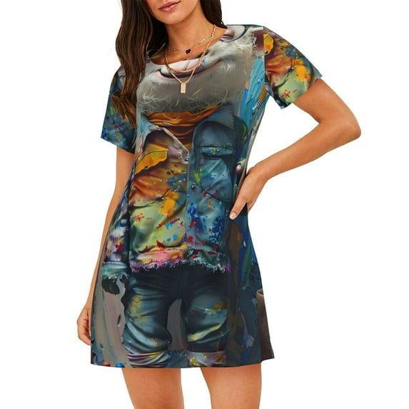 Sikiie Whimsical Goat Artist Print Women's Short-sleeved Nightdress, Round Neck Pullover Nightdress Pajamas Summer Home Wear