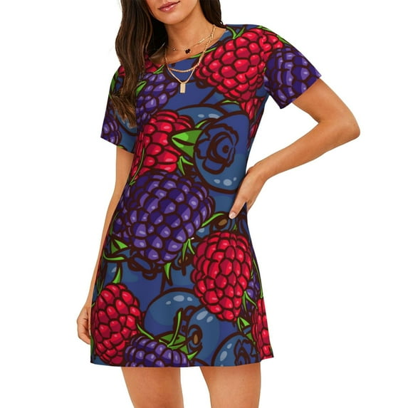 Sikiie Wild Berries Print Women's Short-sleeved Nightdress, Round Neck Pullover Nightdress Pajamas Summer Home Wear