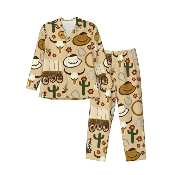 Sikiie Wild West Cowboy Mens Pajama Set, Soft Warm Long Sleeve Sleepwear, Cozy Button-Down Pjs for Men-Small