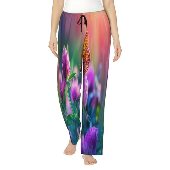 Sikiie Wild flowers of clover and butterfly Pajamas Pants for Women, Lounge for Women,Women’s Pajama Lounge Pants-Medium