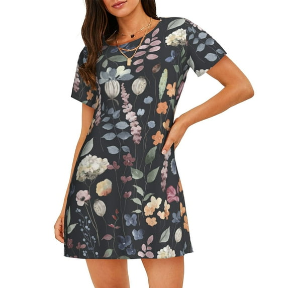 Sikiie Wildflower Watercolor 1 Print Women's Short-sleeved Nightdress, Round Neck Pullover Nightdress Pajamas Summer Home Wear