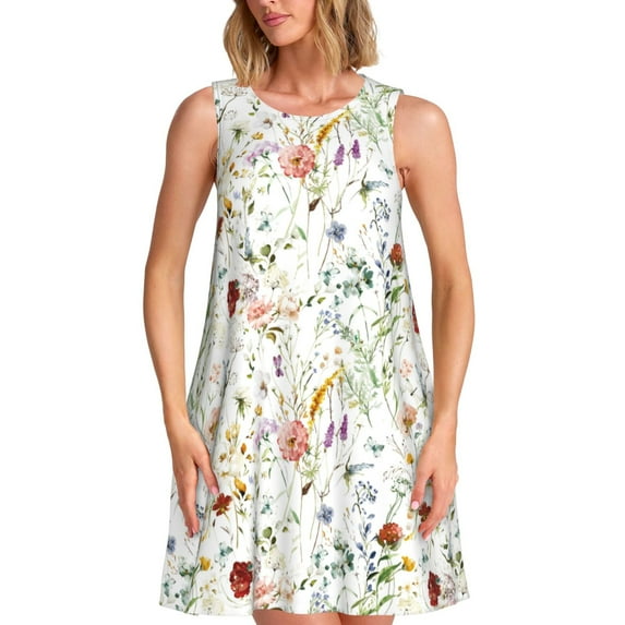 Sikiie Wildflower Watercolor Print Women's Sleeveless Dress with Pockets Round Neck Sundress, Suitable for Daily, Office, Vacation Summer Wear