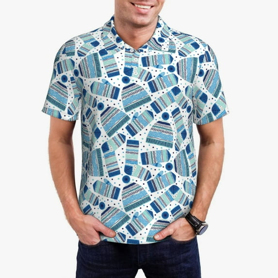 Sikiie Winter Knit Hat and Socks Print Men's Short-sleeved POLO Shirts, Button-down Shirts and T-shirts are Suitable for Vacation, Leisure and Business-Large