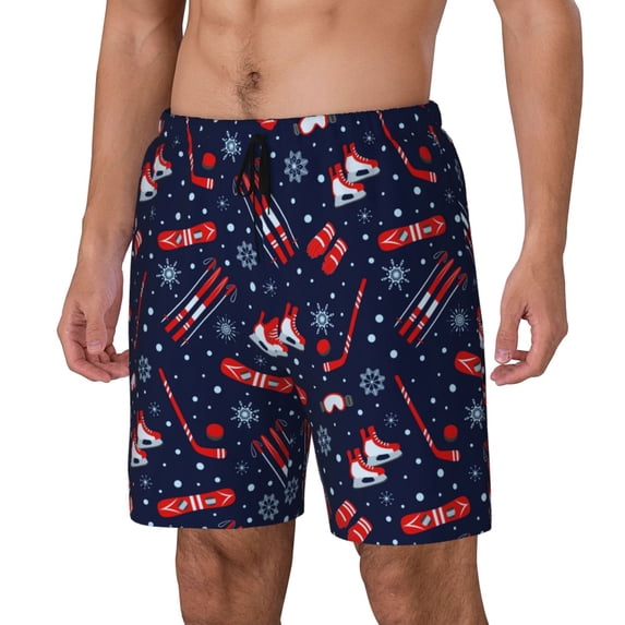 Sikiie Winter Sports Fun Pattern Print Men's Double Layer Swimming Trunks, Adjustable Waistband and Pockets Sports Swimming Trunks, Beach Swimwear-Medium