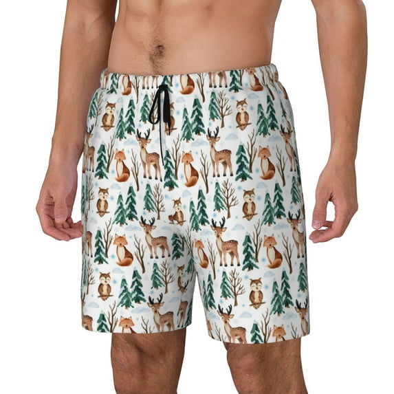 Sikiie Winter Woodland Friends Print Men's Double Layer Swimming Trunks, Adjustable Waistband and Pockets Sports Swimming Trunks, Beach Swimwear-XX-Large