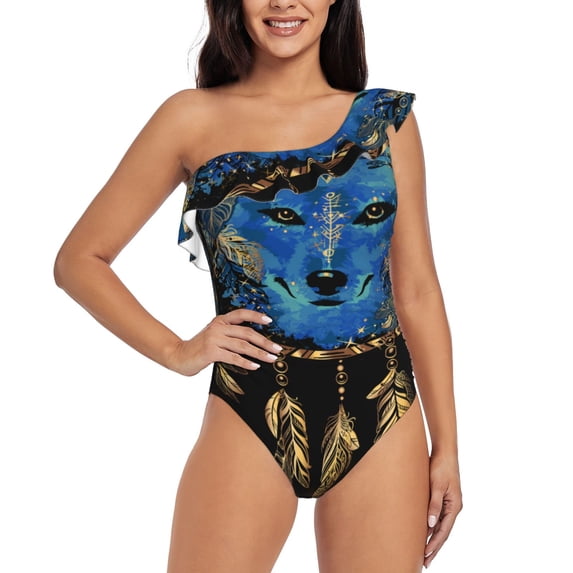 Sikiie Wolf Head And Dreamcatcher Print Women One Piece Swimsuits Tummy Control One Shoulder Bathing Suits Ruffle Swimwear, From S to XXL-XX-Large