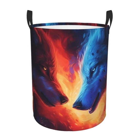 Sikiie Wolf Print Round Dirty Clothes Basket, Waterproof Standing Foldable Storage Basket, for Laundry Room, Bedroom, Bathroom Storage-Medium