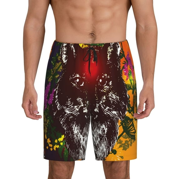 Sikiie Wolf With Wildflowers Mens Pajama Shorts, Lounge Pant, Men's shorts,Sleep Pj Shorts for Men-XX-Large