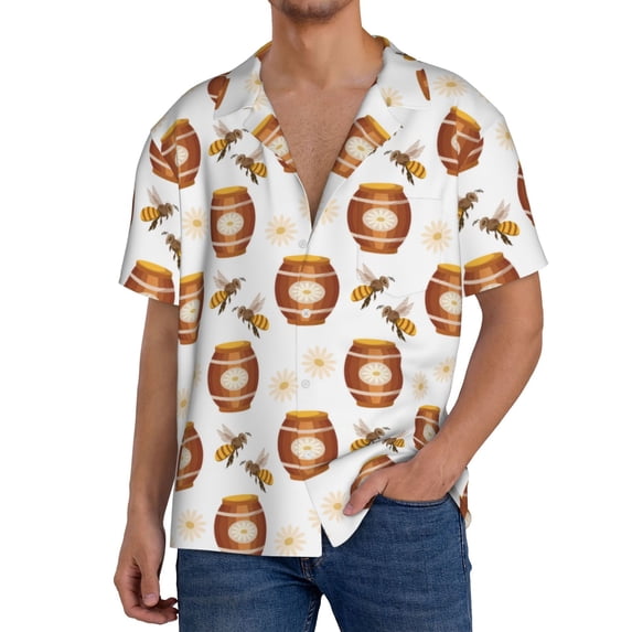 Sikiie Wooden Barrels With Honey Men's Wrinkle Free Untucked Cuban Shirt Business Casual Button Down Shirts Short Sleeve Shirt4X-Large