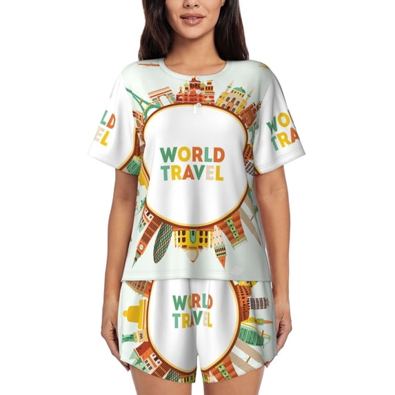 Sikiie World Travel3 Womens Pajama Sets Short Sleeve Top With Pants Sleepwear 2 Piece Lounge SetSmall