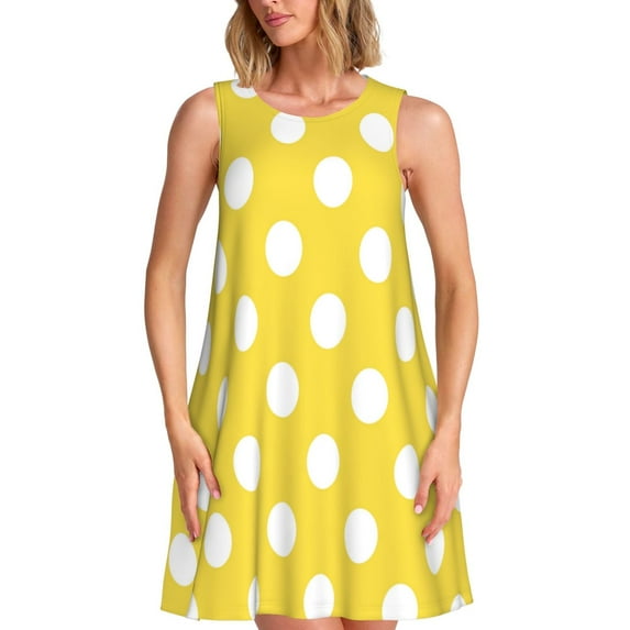 Sikiie Yellow And White Polka Dot Print Women's Sleeveless Dress with Pockets Round Neck Sundress, Suitable for Daily, Office, Vacation Summer Wear