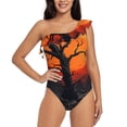 thumbnail image 1 of Sikiie Yellow Castle Sunset Tree Print Women One Piece Swimsuits Tummy Control One Shoulder Bathing Suits Ruffle Swimwear, From S to XXL-X-Large, 1 of 6