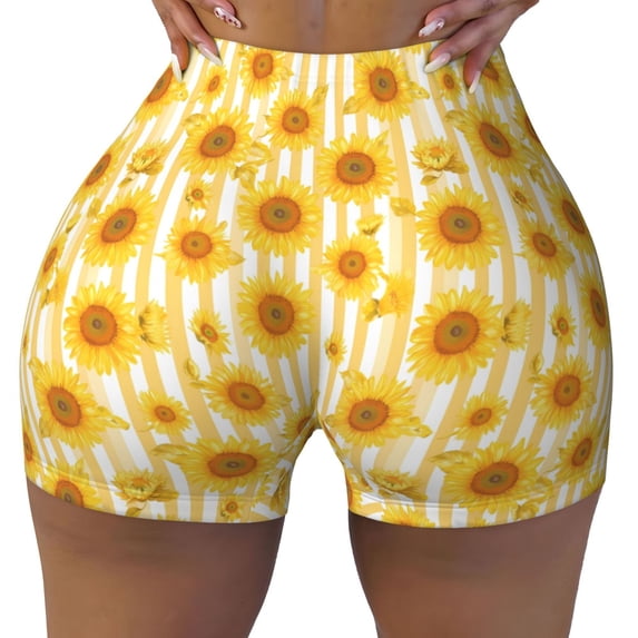 Sikiie Yellow White Striped Sunflower Print Workout Shorts Women Scrunch Butt Gym Shorts Seamless High Waist Tummy Control Yoga Biker Athletic Shorts