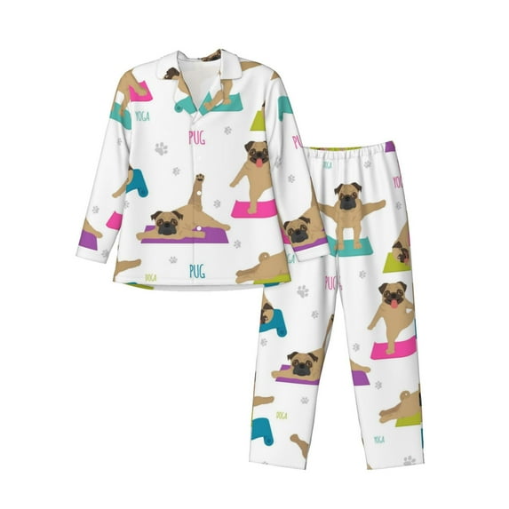 Sikiie Yoga Dogs Poses Mens Pajama Set, Soft Warm Long Sleeve Sleepwear, Cozy Button-Down Pjs for Men-Small