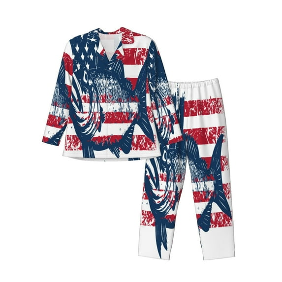 Sikiie bass fish with the USA flag Print Mens Pajama Set, Soft Warm Long Sleeve Sleepwear, Cozy Button-Down Pjs for Men-X-Large