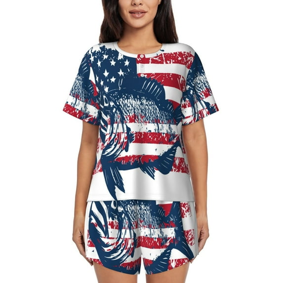 Sikiie bass fish with the USA flag Print Womens Pajama Sets Short Sleeve Top With Pants Sleepwear 2 Piece Lounge Set-Large