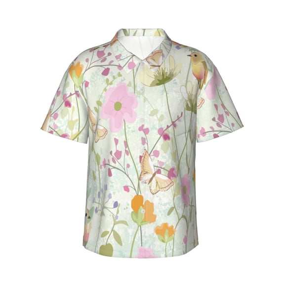 Sikiie bird and butterfly Print Men's Hawaiian Shirt, Summer Beach Button Pocket Short Sleeve T-Shirt,Small
