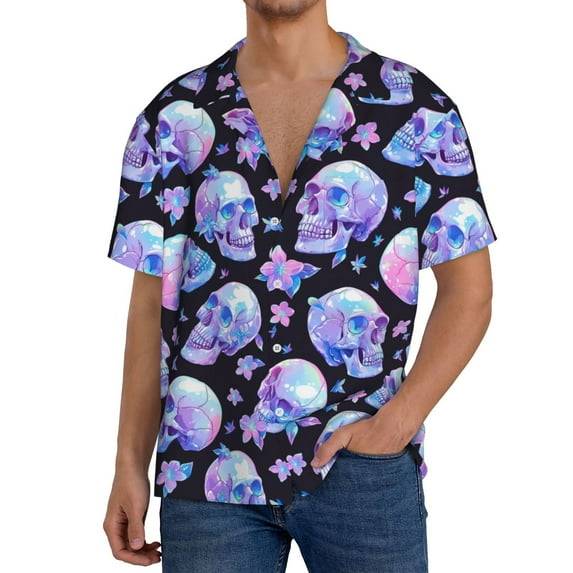 Sikiie blue Skull flower Men's Wrinkle Free Untucked Cuban Shirt Business Casual Button Down Shirts Short Sleeve ShirtSmall