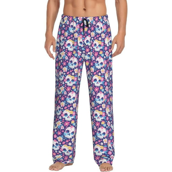 Sikiie blue flower Skull colorful Mens Pajama Pants Sleep & Lounge Pants, PJ Bottoms With elastic waistb and Pockets Medium