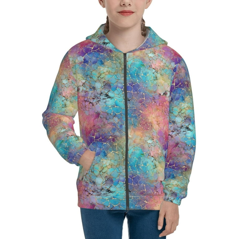 Sikiie Blue Pink Colorful Cracked Texture Zip Up Hoodie Teenage Hoodies for Teenage Zipper Sweatshirt Jacket for Daily Traveling Boy s Size