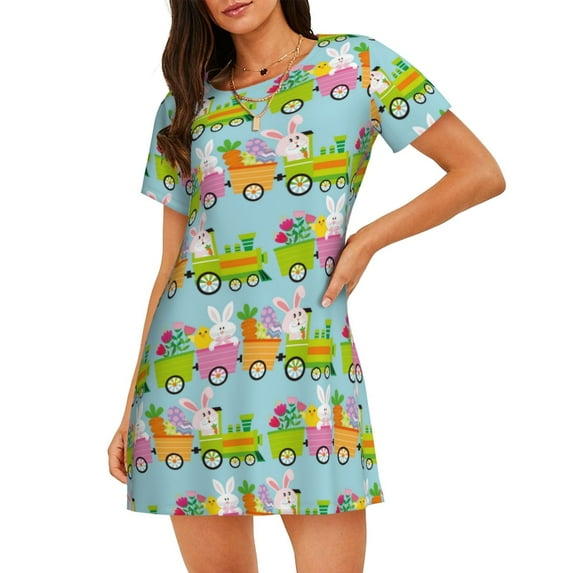Sikiie bunnies and chicks on a train Print Women's Short-sleeved Nightdress, Round Neck Pullover Nightdress Pajamas Summer Home Wear