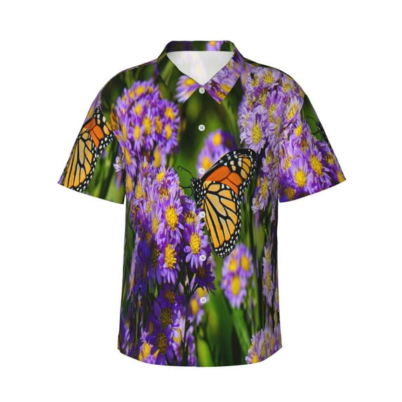 Sikiie butterflies and Gardens Print Men's Hawaiian Shirt, Summer Beach Button Pocket Short Sleeve T-Shirt,X-Large