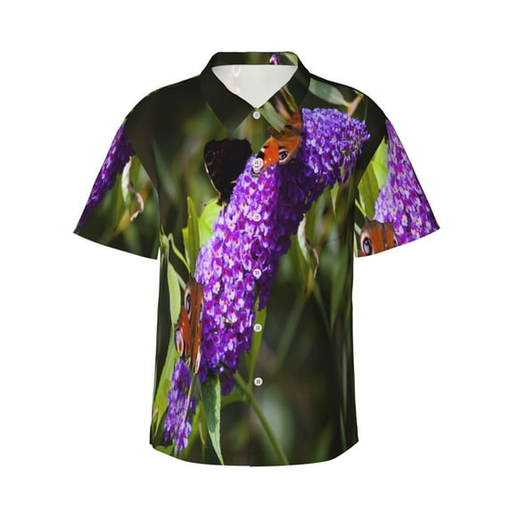 Sikiie butterfly bush flower Print Men's Hawaiian Shirt, Summer Beach Button Pocket Short Sleeve T-Shirt,Medium