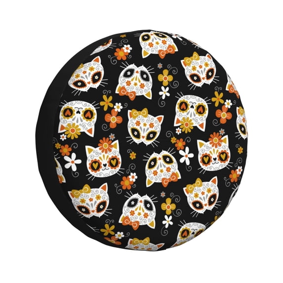 Sikiie cat sugar skulls Print PVC Leather Spare Tire Wheel Cover Spare Tire Cover, for Car Truck SUV Camper Trailer Universal Fit-17 inch