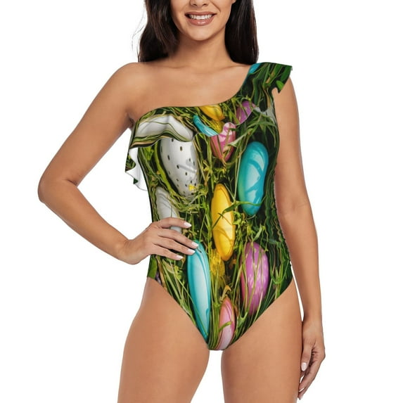 Sikiie colorful Easter eggs Print Women One Piece Swimsuits Tummy Control One Shoulder Bathing Suits Ruffle Swimwear, From S to XXL-XX-Large