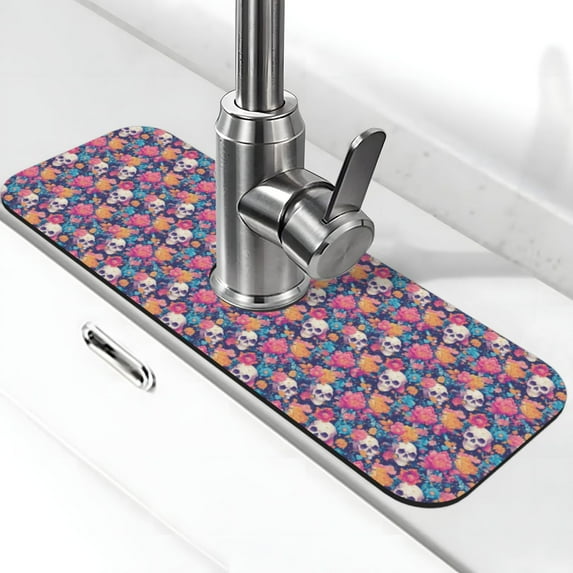 Sikiie colorful Skull flower daisy Splash Guard for Sink Faucet-1 PC Super Absorbent Fast Drying Mat Sink Gadgets-Splash Guard for Kitchen, Sink Mat