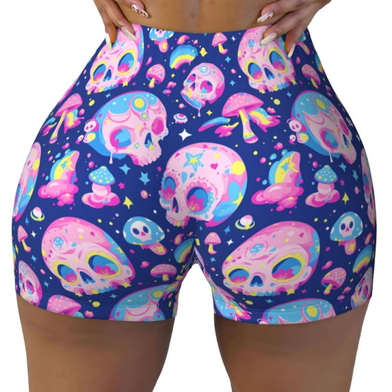 Sikiie colorful Skull mushroom rainbow Print Workout Shorts Women Scrunch Butt Gym Shorts Seamless High Waist Tummy Control Yoga Biker Athletic Shorts