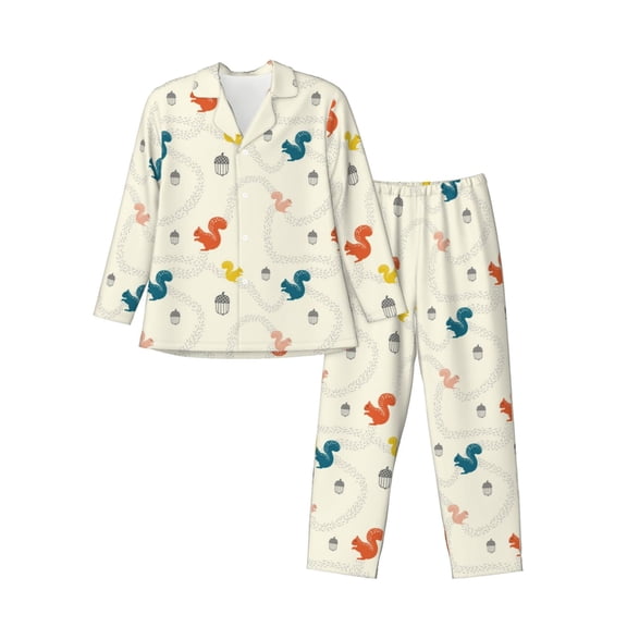 Sikiie colorful Squirrel Nuts Mens Pajama Set, Soft Warm Long Sleeve Sleepwear, Cozy Button-Down Pjs for Men-Medium
