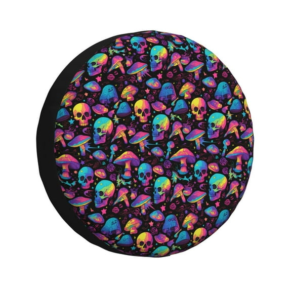 Sikiie colorful mushroom Skull PVC Leather Spare Tire Wheel Cover Spare Tire Cover, for Car Truck SUV Camper Trailer Universal Fit(14-17in)-14 inch
