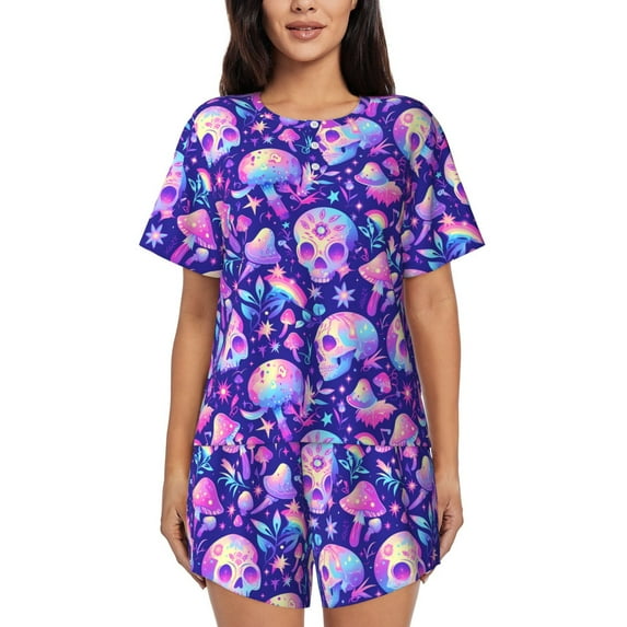 Sikiie colorful mushroom Skull rainbow Womens Pajama Sets Short Sleeve Top With Pants Sleepwear 2 Piece Lounge SetMedium