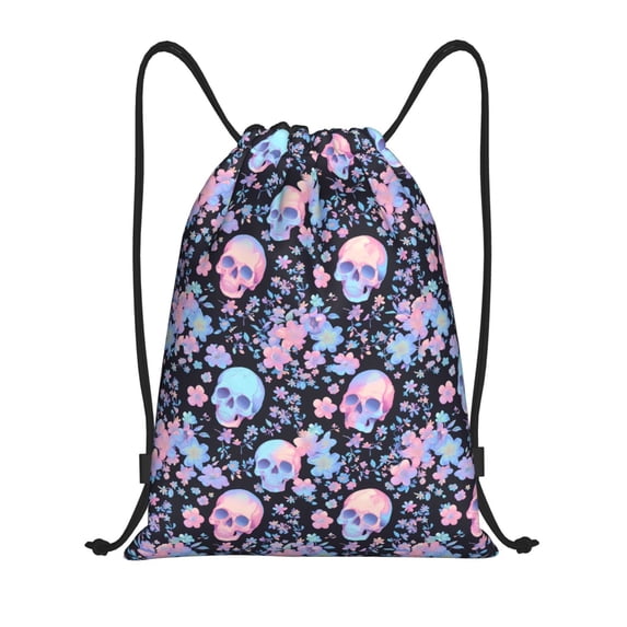 Sikiie cool Skull flower Drawstring Backpack Drawstring Bags, Draw String Back Bag for Sports, Gym, Travel, Swimming, Beach-Small