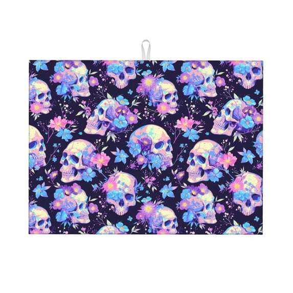 Sikiie cool flower Skull Dish Drying Mat, Kitchen Counter Mat, Self Drying Mat for Kitchen Counter Dish Drying Pad ,for Dishes, Utensils, Pots and Pans(24" x 18")