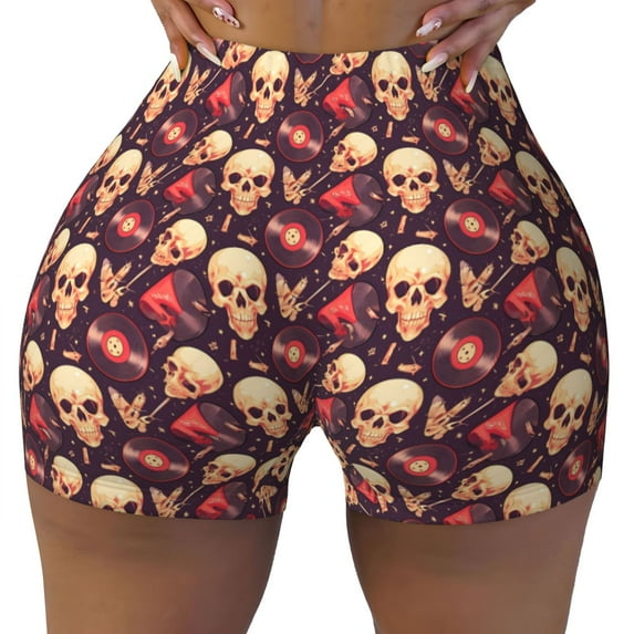 Sikiie cool rock Skull record Print Workout Shorts Women Scrunch Butt Gym Shorts Seamless High Waist Tummy Control Yoga Biker Athletic Shorts