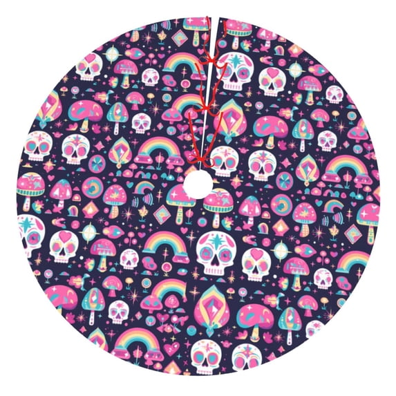 Sikiie cute Skull rainbow mushroom 30-48 inches {designName} Print Christmas Tree Skirt Snowman Xmas Tree Skirt with Edge Christmas Decorations for Holiday Party