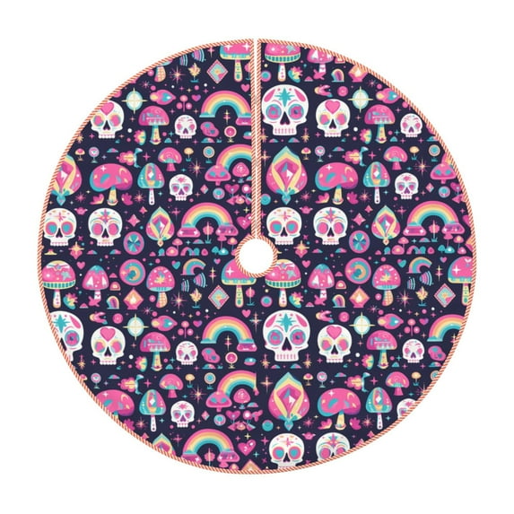 Sikiie cute Skull rainbow mushroom Nativity Christmas Tree Skirt, Jesus Christian Winter Holiday Tree Mat Decoration(30-48IN)