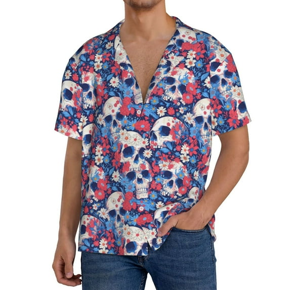 Sikiie daisy Skull red flower Men's Wrinkle Free Untucked Cuban Shirt Business Casual Button Down Shirts Short Sleeve Shirt4X-Large