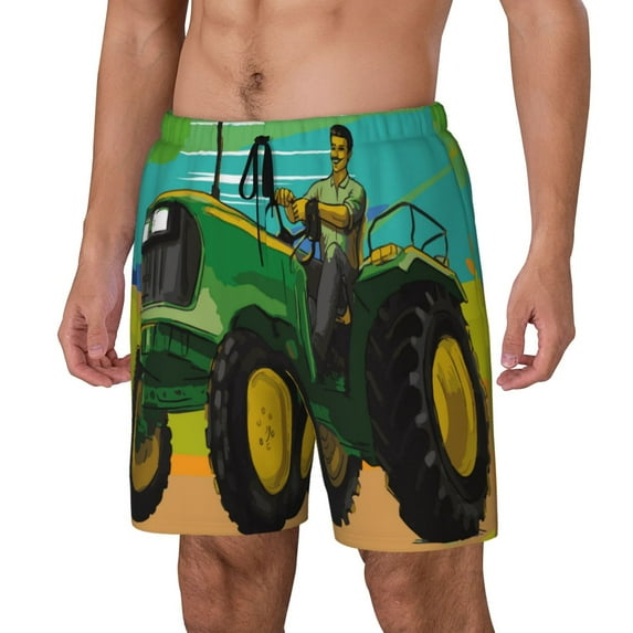 Sikiie farmer working with tractor at field Print Men's Double Layer Swimming Trunks, Adjustable Waistband and Pockets Sports Swimming Trunks, Beach Swimwear-XX-Large