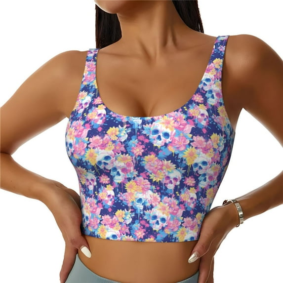 Sikiie graffiti style Skull flower Print Strappy Sports Bra for Women Padded Push Up Sports Bra Athletic Running Sports Bra Workout Bra Yoga Bra