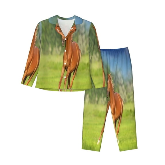 Sikiie horse running freely Pajamas Set Long Sleeve Sleepwear Womens Button Down Nightwear Pj Sets-Large