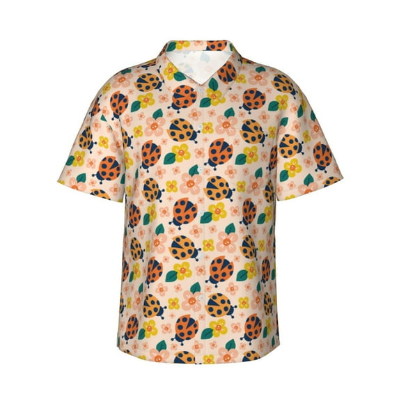 Sikiie ladybug and flower Print Men's Hawaiian Shirt, Summer Beach Button Pocket Short Sleeve T-Shirt,3X-Large