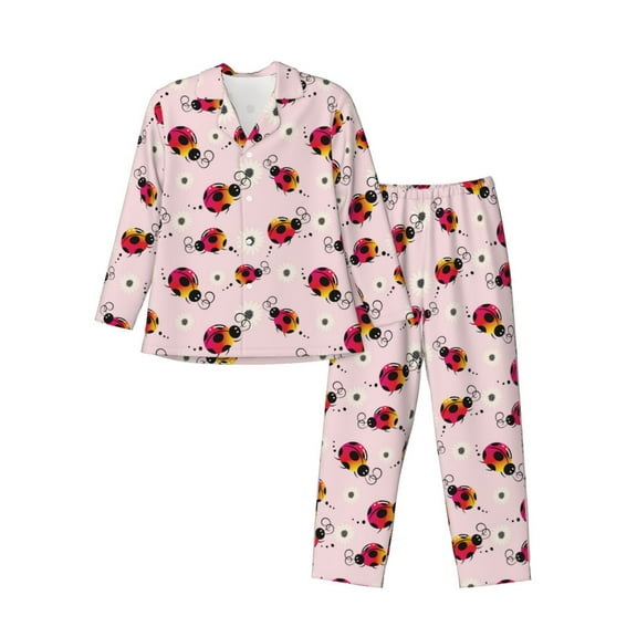 Sikiie ladybugs and flower Print Mens Pajama Set, Soft Warm Long Sleeve Sleepwear, Cozy Button-Down Pjs for Men-Large
