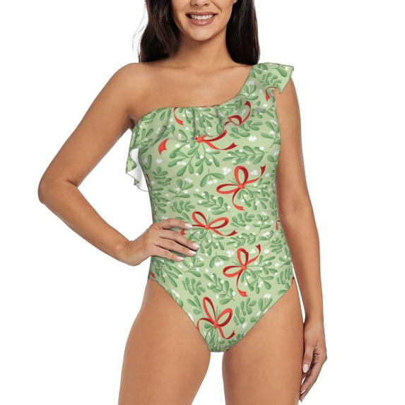 Sikiie leaves bows Print Women One Piece Swimsuits Tummy Control One Shoulder Bathing Suits Ruffle Swimwear, From S to XXL-Small
