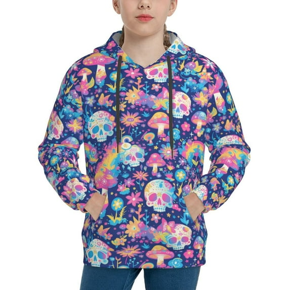 Sikiie mushroom Skull rainbow color Youth Hoodie Sweatshirt Pullover Hooded Classic Casual Essentials Hoodiefor Boys Girls Kids -Small