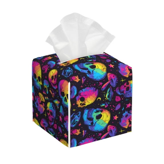 Sikiie mushroom rainbow color Skull Leather Tissue Box Cover Square, tissue box holder, Tissue Box with Bottom Belt-5.2”x5.2”x5.2”