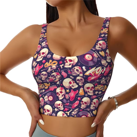 Sikiie music Skull record Guitar Print Strappy Sports Bra for Women Padded Push Up Sports Bra Athletic Running Sports Bra Workout Bra Yoga Bra