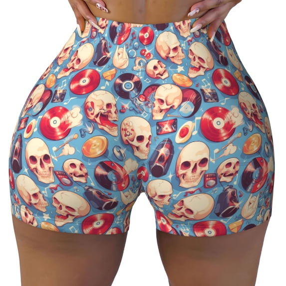 Sikiie music Skull record Retro Print Workout Shorts Women Scrunch Butt Gym Shorts Seamless High Waist Tummy Control Yoga Biker Athletic Shorts